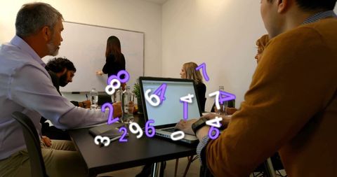 Colleagues Collaborating in Office Meeting with Digital Art Overlay