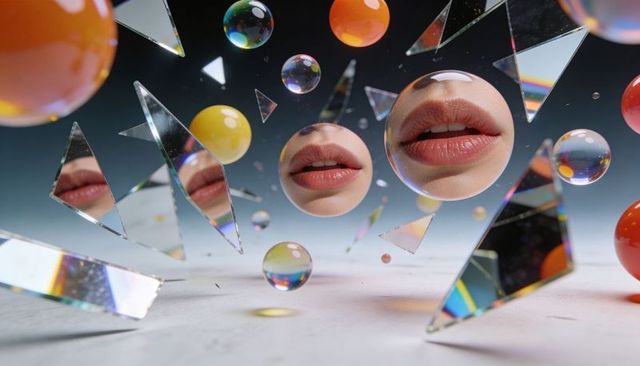 Floating iridescent orbs refracting close-up lips through prism shards, surreal macro