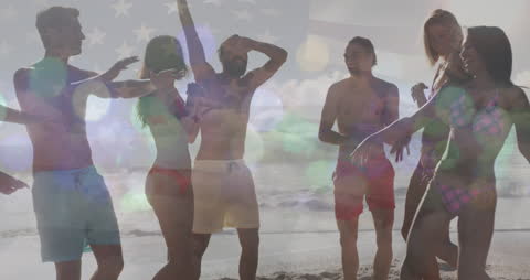 Diverse Group of Friends Enjoying Beach Party with American Flag Overlay