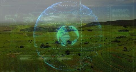Holographic Earth Globe Over Green Farmland Visualizing Global Data