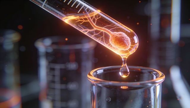 Glowing neural cell forming droplet in pipette dripping into glass beaker for biotech