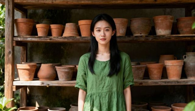 Young woman standing in green dress arranging terracotta pots on rustic wooden shelves