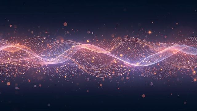Undulating luminous particle waveforms flowing over dark navy background with glowing mesh