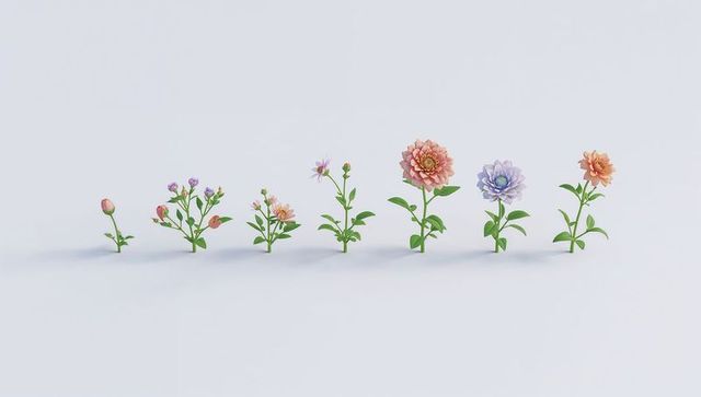 Floral growth progression showing bud to full bloom pastel blooms on minimalist white
