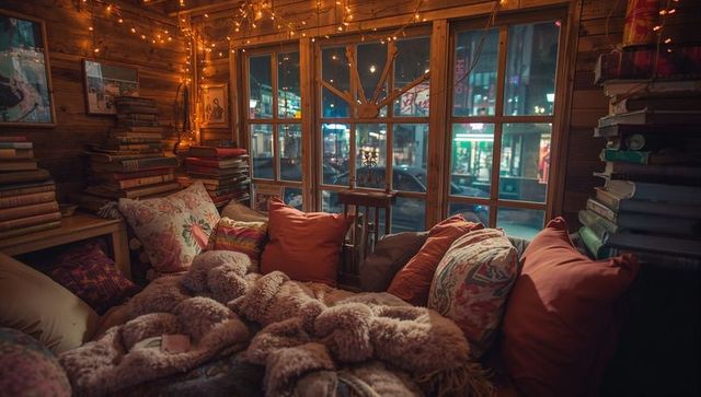Cozy Reading Nook with Fleece Blankets and Ambient Lighting