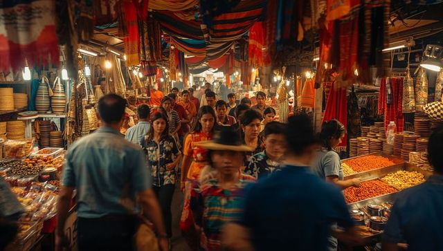 Busy Asian Market Vibrant Garments and Colorful Crafts