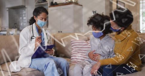 Nurse conducting home pediatric checkup with masked child and parent on living room sofa