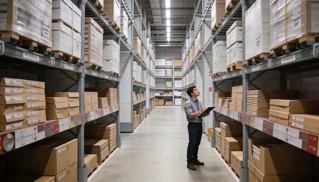Warehouse inventory audit worker inspecting shelves with clipboard in modern storage facility