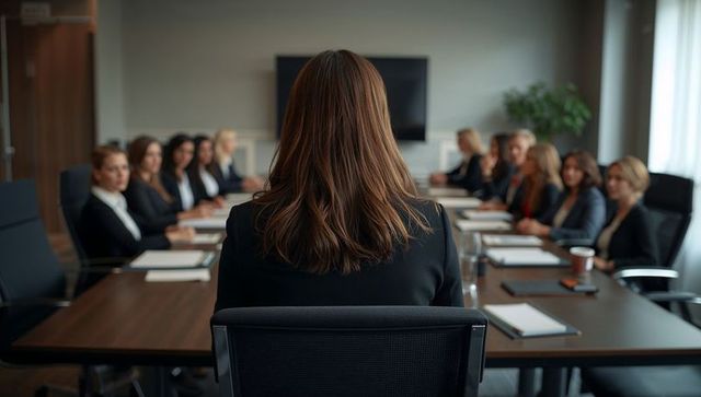 Female executive leading boardroom meeting from back view, leadership guiding corporate strategy