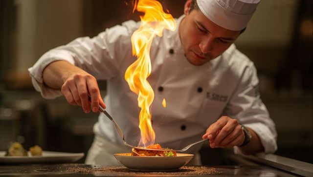 Chef Flambéing Signature Dish with Tall Flame at Plating Station in Professional Kitchen