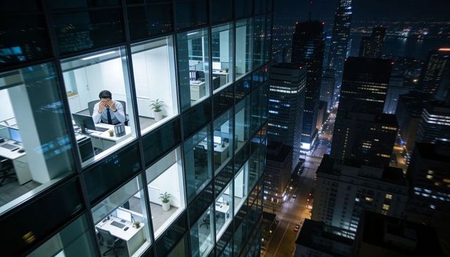 Overworked executive rubbing temples while working late in high-rise office overlooking city skyline