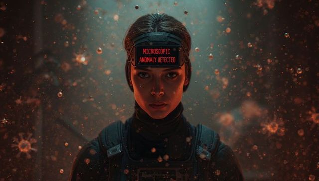 Tactical operator scanning hazy containment chamber with headband led warning 'microscopic anomaly'