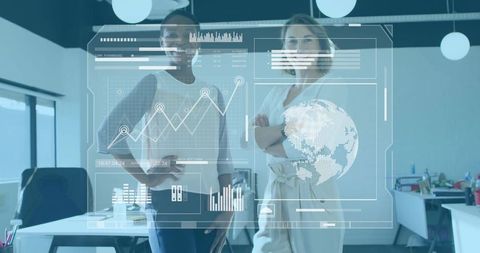 Two businesswomen presenting holographic data dashboard in modern minimalist office