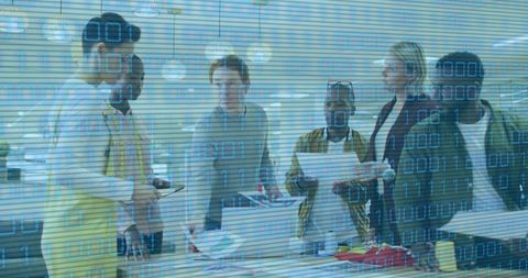 Diverse Team Discussing in Modern Office with Digital Overlay - Download Free Stock Images Pikwizard.com