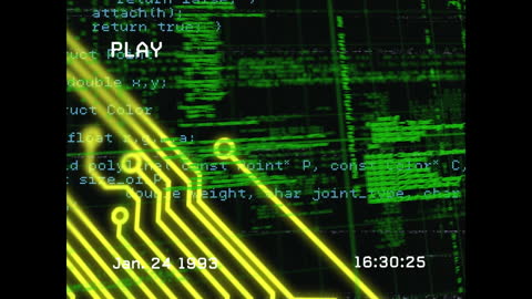 Retro Computer Interface with Green Digital Grid and Data Overlay