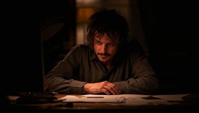 Man studying scattered papers in dim home office under moody chiaroscuro lighting