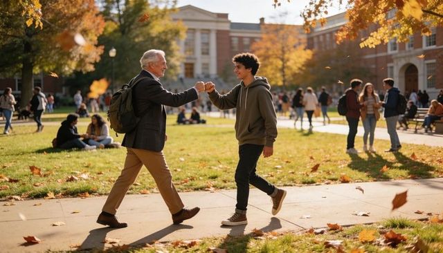 Professor and student fist-bumping on college quad autumn backpacks campus life mentorship