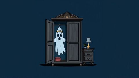 Haunting ghost costume dangling in classic wooden wardrobe