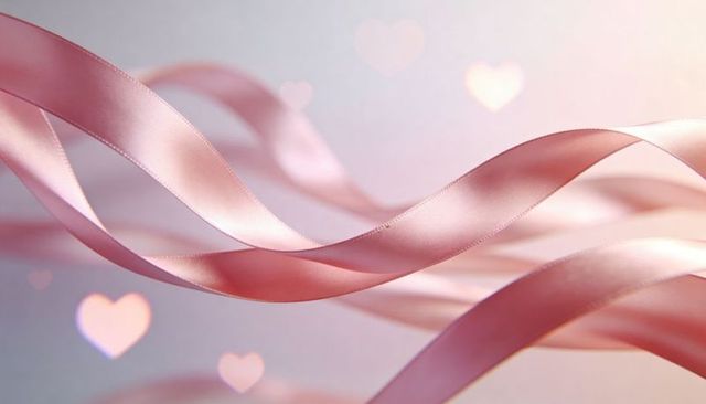 Flowing twisting pink satin ribbons with heart bokeh and soft pastel sheen