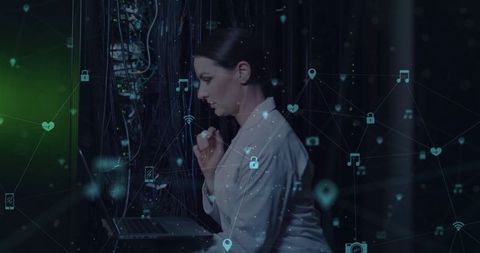 female it technician analyzing data in server room with overlay icons - Download Free Stock Images Pikwizard.com