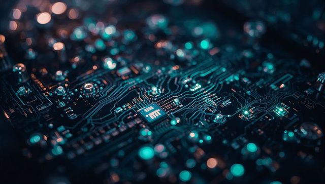 Futuristic microchip radiates on circuit board with teal glow