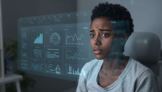 Woman analyzing holographic data dashboard in home office, focused on ai analytics