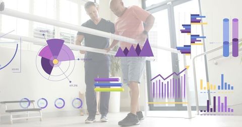 Therapist guiding patient during gait training on parallel bars with infographic overlay