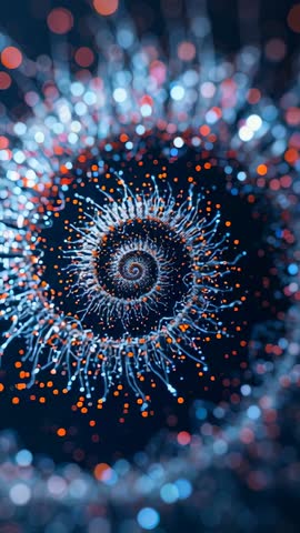 Zooming neon fractal spiral with glowing particles and bokeh depth for vertical loop