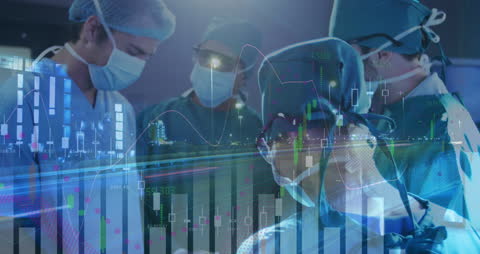 Doctors Performing Surgery With Financial Data Overlay