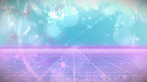 Retro Christmas Animation with Falling Snow on Neon Grid