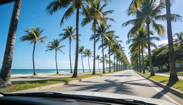 Driving coastal palm-lined boulevard casting long shadows across sunlit oceanfront road