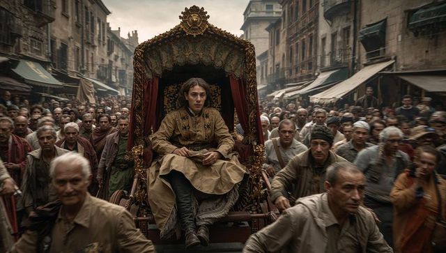 Young noble riding ornate palanquin through crowded historic market street procession