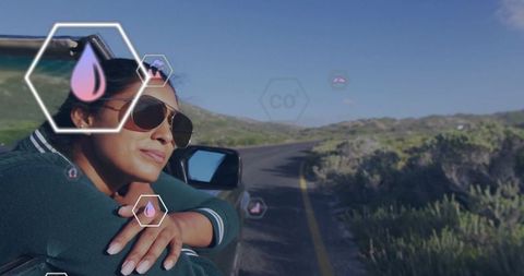 Woman on road trip with augmented reality technology overlaid