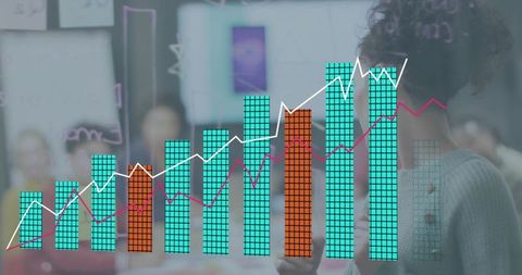 Businesswoman presenting glassboard with rising bar chart and line graphs for analytics