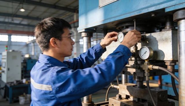 Factory technician adjusting hydraulic press gauges in workshop for machine maintenance