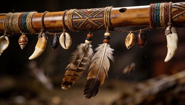 Handcrafted wooden flute featuring tribal carvings, shells, beads and feathers