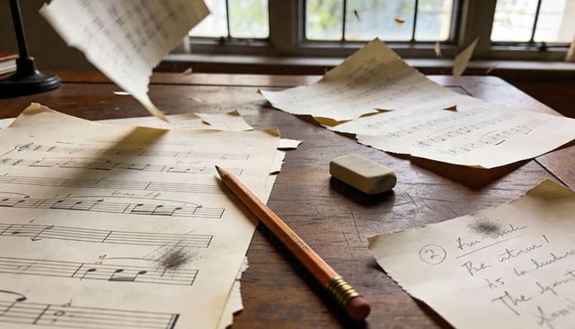 Fluttering sheet music and pencil on sunlit wooden desk with eraser smudges
