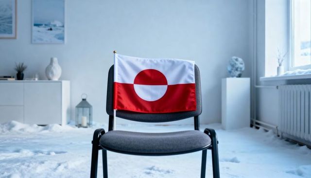 Draping greenland flag over chair in snowy minimalist interior, winter decor concept