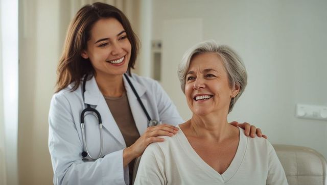Female doctor comforting senior woman in clinic, warm care, empathy and trust