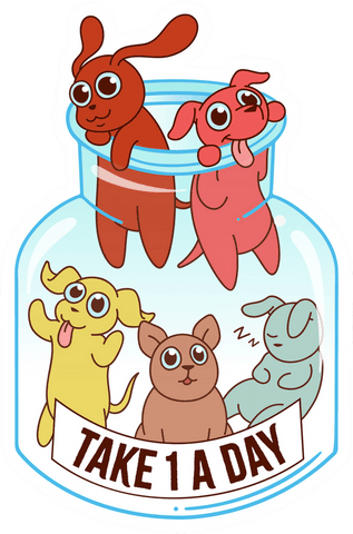Whimsical transparent jar of cartoon dogs promoting wellness