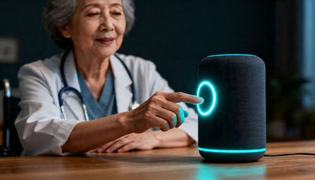 Senior doctor touching smart speaker on desk with stethoscope for telehealth support