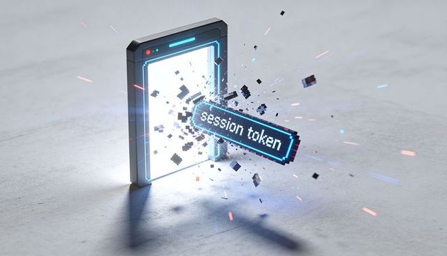 Neon portal ejecting session token, scattering voxels and sparks for cybersecurity concept