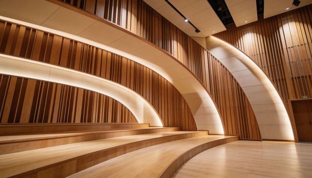 Curved Tiered Wooden Seating Featuring Slatted Acoustic Walls and LED Cove Lighting