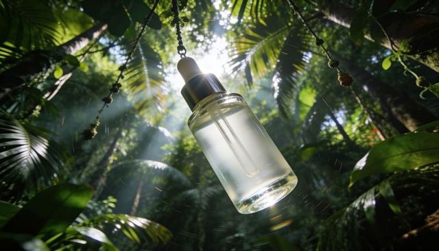 Backlit tropical glass dropper bottle hanging in jungle canopy with sun rays