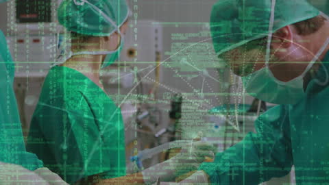 Surgeons in High-Tech Operating Room with Digital Interface Overlay