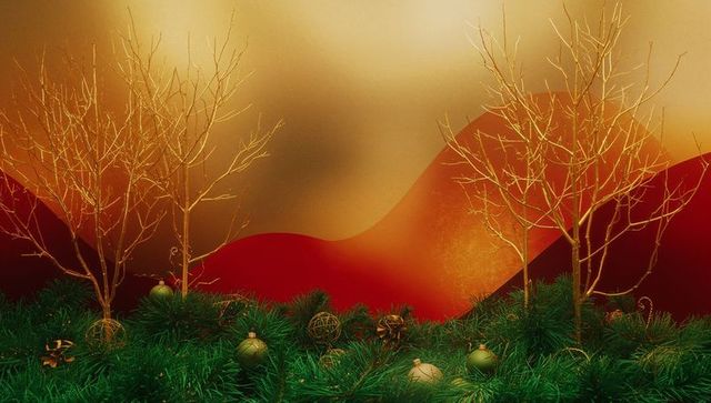 Elegant holiday decor with gold twig trees and green pine