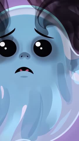 Worried Blue Jelly Creature Floating Through Purple Smoke Opening Mouth Vertical Loop