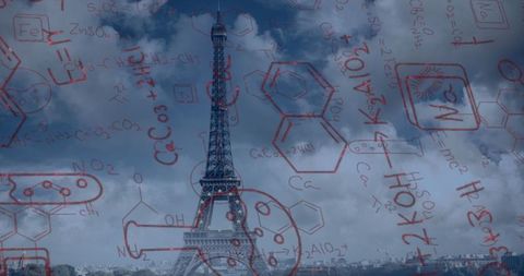 Chemical Formulas Overlay on Eiffel Tower with Cloudy Sky - Download Free Stock Images Pikwizard.com