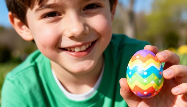 Smiling boy holding colorful painted easter egg outdoors during sunny spring celebration