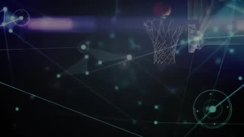 Male Basketball Player Shooting with Neon Analytics Overlay Tracking Shot Arc and Metrics